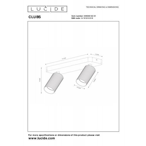 Lucide Plafondspot Clubs Wit - 2 x GU10 - 31x9 cm - Afbeelding 6