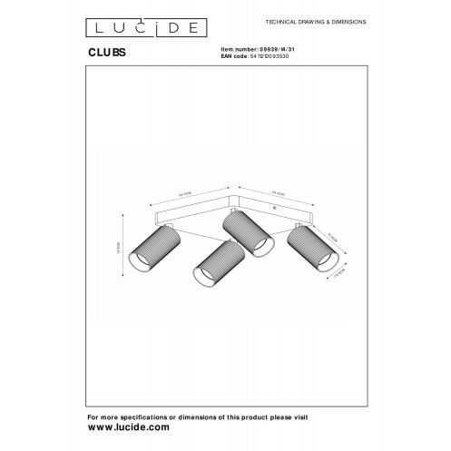 Lucide Plafondspot Clubs Wit - 4 x GU10 - 24x24 cm - Afbeelding 6