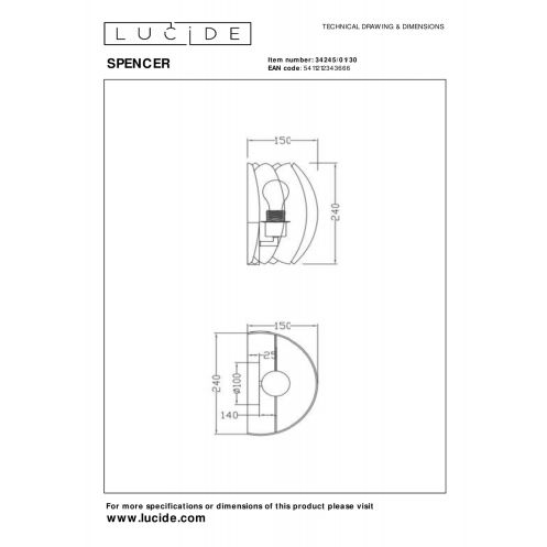 Lucide Wandlamp Spencer Zwart - E27 - 24 cm breed - Afbeelding 5