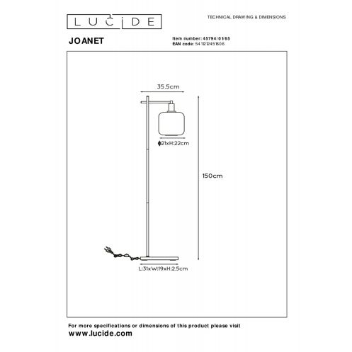 Lucide Vloerlamp Joanet Zwart - E27 - 150 cm hoog - Afbeelding 5