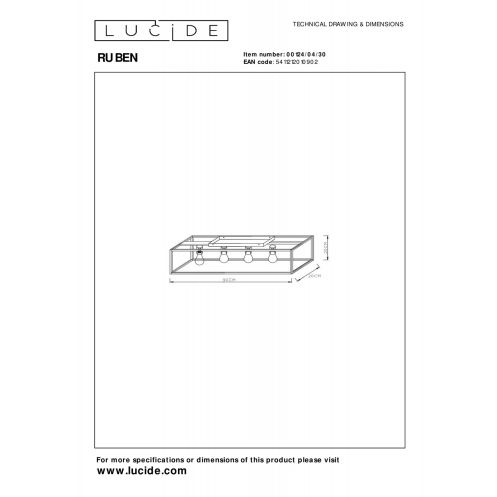 Lucide Plafonniere Ruben Zwart - 4 x E27 - 80 cm breed - Afbeelding 6