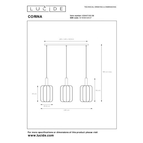 Lucide Hanglamp Corina Zwart - 3 x E27 - 90 cm breed - Afbeelding 8