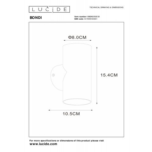 Lucide Wandlamp Bondi Wit - GU10 - 18 cm hoog - Afbeelding 6