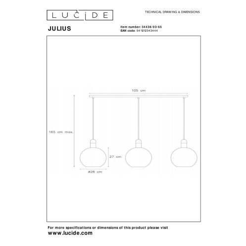 Lucide Hanglamp Julius Zwart - 3 x E27 - 105 cm breed - Afbeelding 3