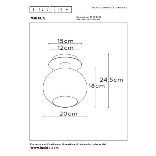 Lucide Plafonniere Marius Zwart - E27 - Ø 20 cm - Afbeelding 4