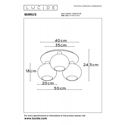 Lucide Plafonniere Marius Zwart - 3 x E27 - Ø 50 cm - Afbeelding 5