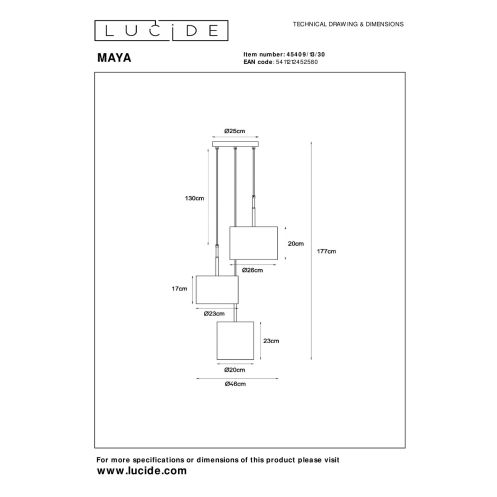 Lucide Hanglamp Maya Zwart - 3 x E27 - Ø 46 cm - Afbeelding 3