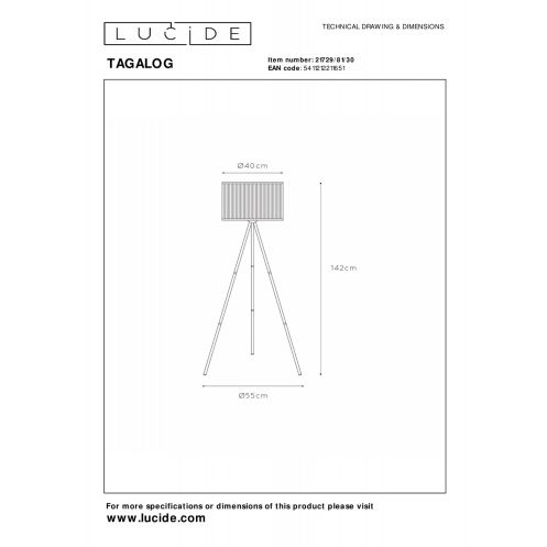 Lucide Vloerlamp Tagalog Zwart - E27 - 142 cm hoog - Afbeelding 5