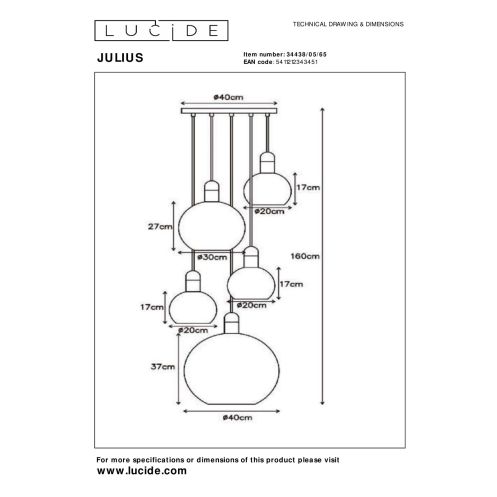 Lucide Hanglamp Julius Zwart - 5 x E27 - Ø 50 cm - Afbeelding 4